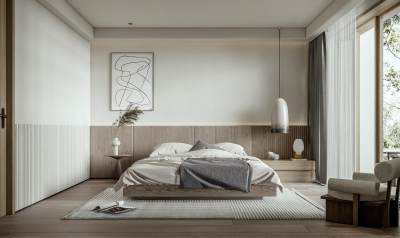 侘寂风卧室 双人床 床头柜组合 挂画 小吊灯 衣柜